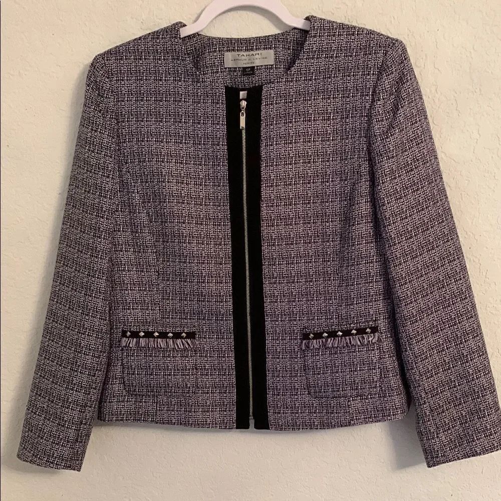Tahari Purple White/Black Tweed Blazer with Modern Zipper Size 10 P